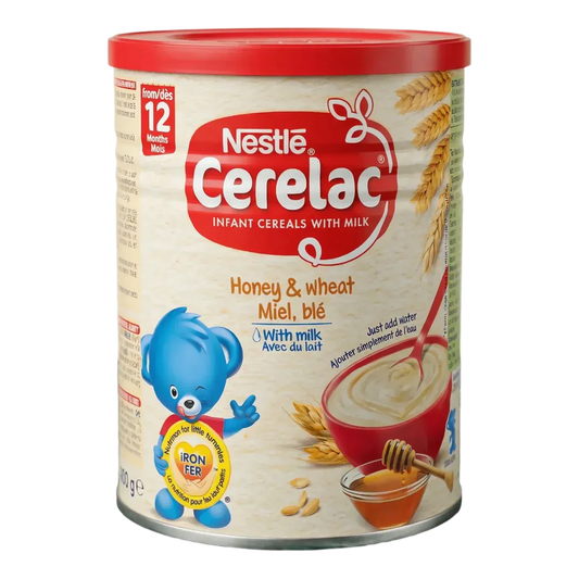 Nestlé Cerelac ontbijtgranen doos 400g, honing- en tarwesmaak voor baby's, met een blauw berenpatroon.
