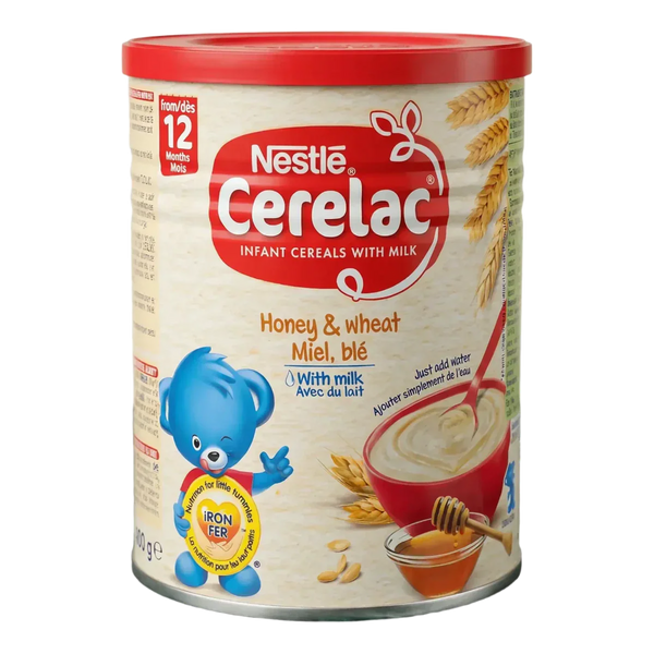 Boîte de céréales Nestlé Cerelac 400g, saveur miel et blé pour bébé, avec un ours bleu en motif.