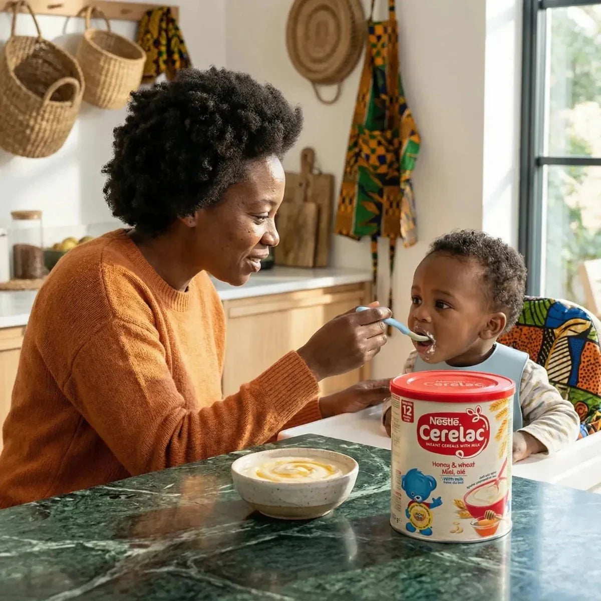 NESTLÉ Cerelac grano miele e latte: una donna dà da mangiare a un bambino con un vasetto di cereali.