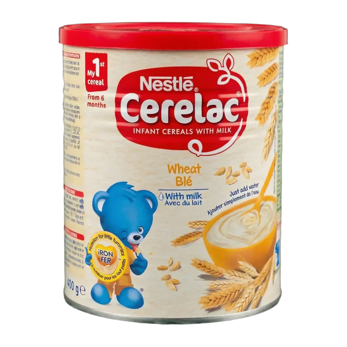 Nestlé Cerelac baby cereal box with wheat and milk. A blue bear.