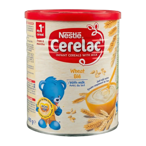 Scatola di cereali per bambini Nestlé Cerelac al grano e latte. Un orso blu.