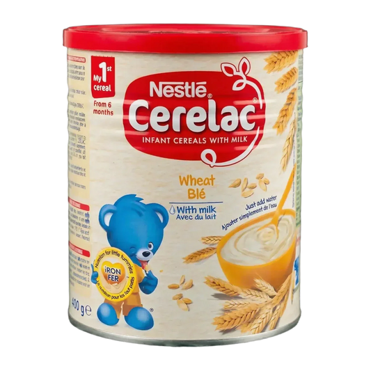 Nestlé Cerelac baby cereal box with wheat and milk. A blue bear.