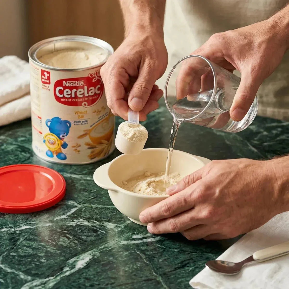 Preparazione di cereali Nestlé Cerelac con un cucchiaio e un bicchiere d'acqua su un tavolo in marmo.