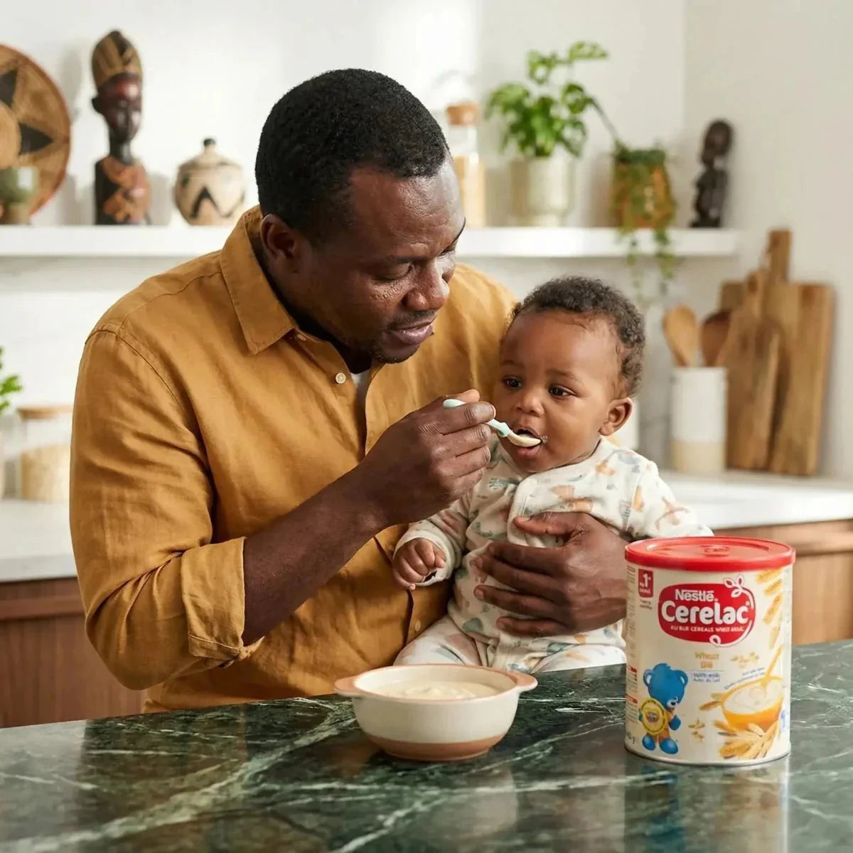 NESTLÉ Cerelac con grano e latte: un papà dà il cucchiaio al suo bambino in una cucina.