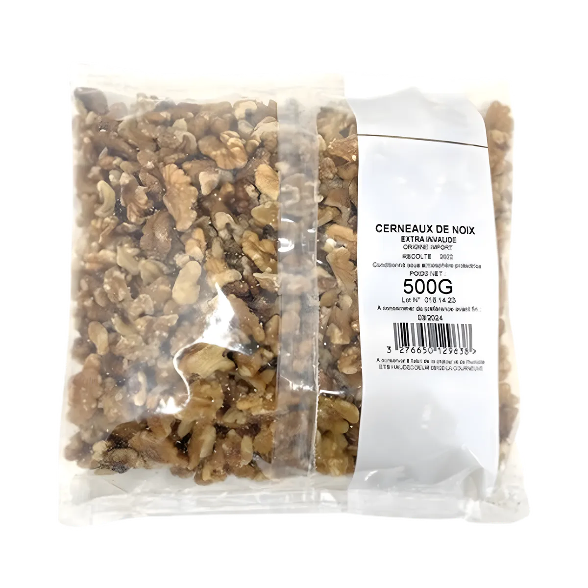 Cerneaux de noix nutritifs PROFRUIT 500g en sachet transparent, parfaits pour plats sains et riches en goût. Idéal en cuisine quotidienne.