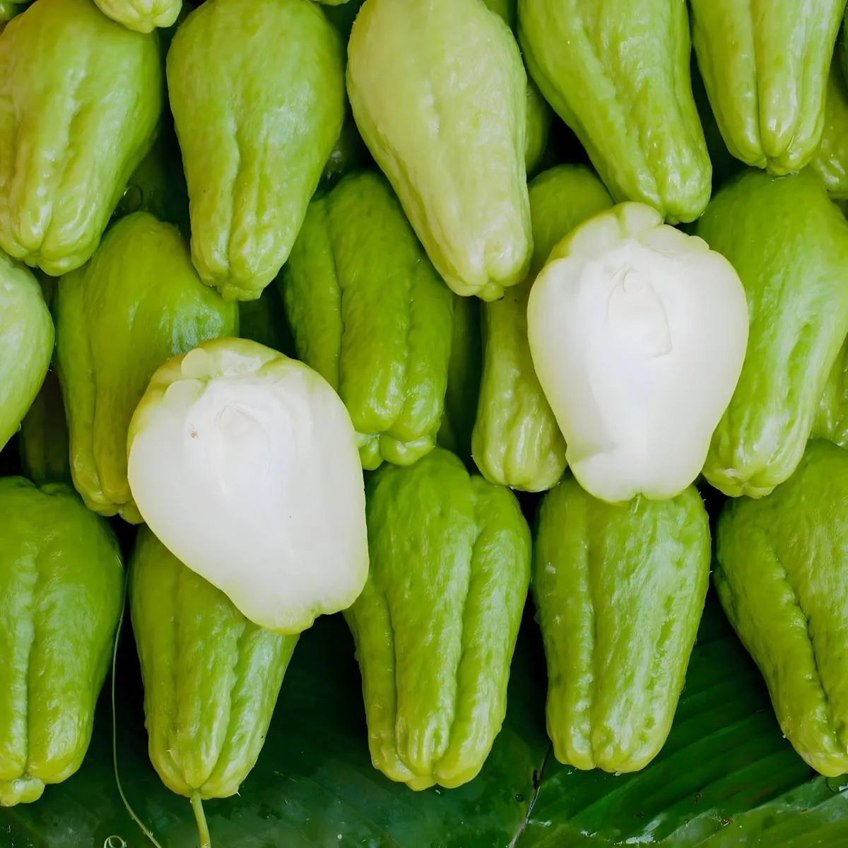 Chayottes fraîches empilées avec certaines coupées pour révéler leur chair blanche ferme, parfaites pour plats tropicaux croquants.