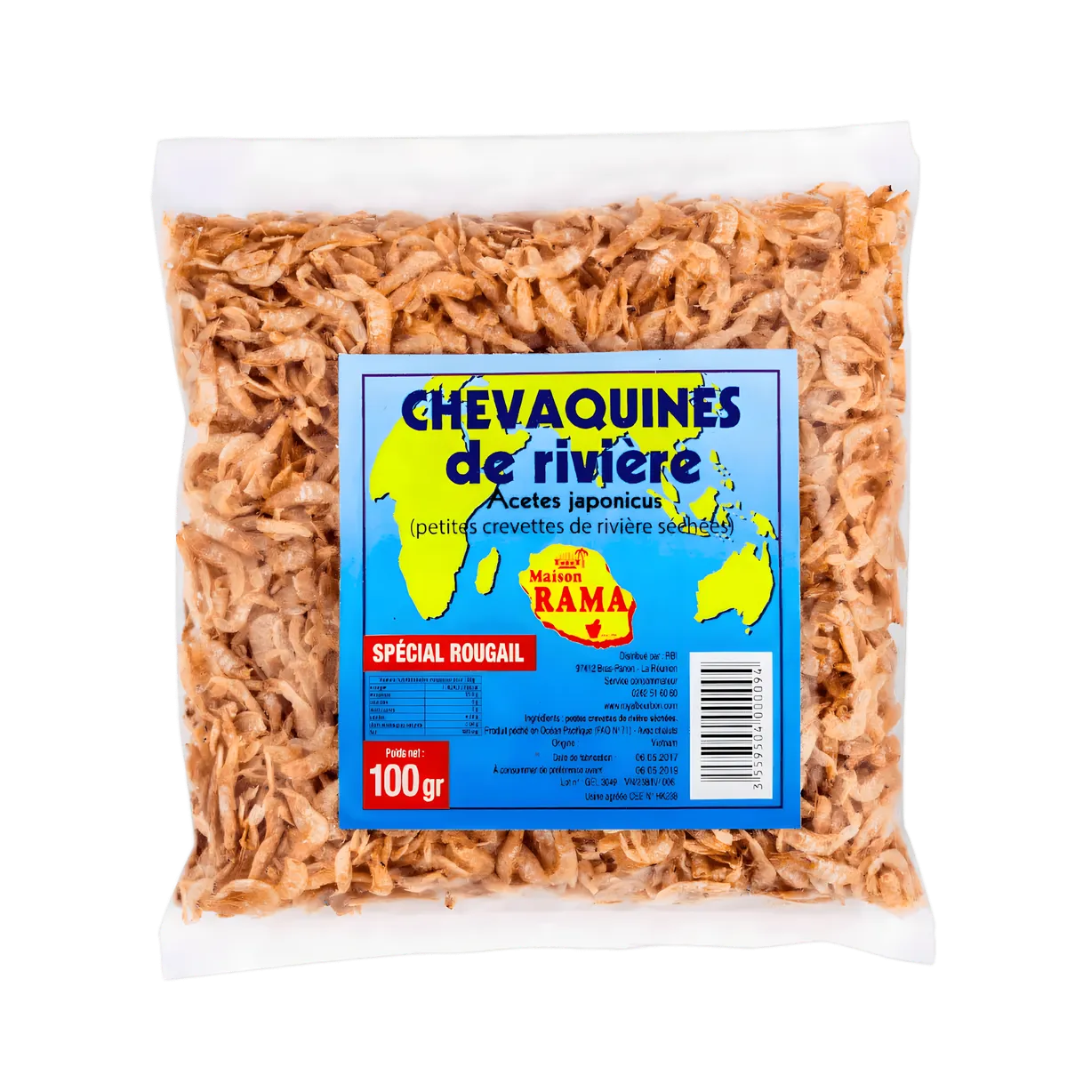 Chevaquine MAISON RAMA - Crevettes surgelées en sachet de 100g, petites crevettes d'eau douce idéales pour épicerie salée et plats créoles.
