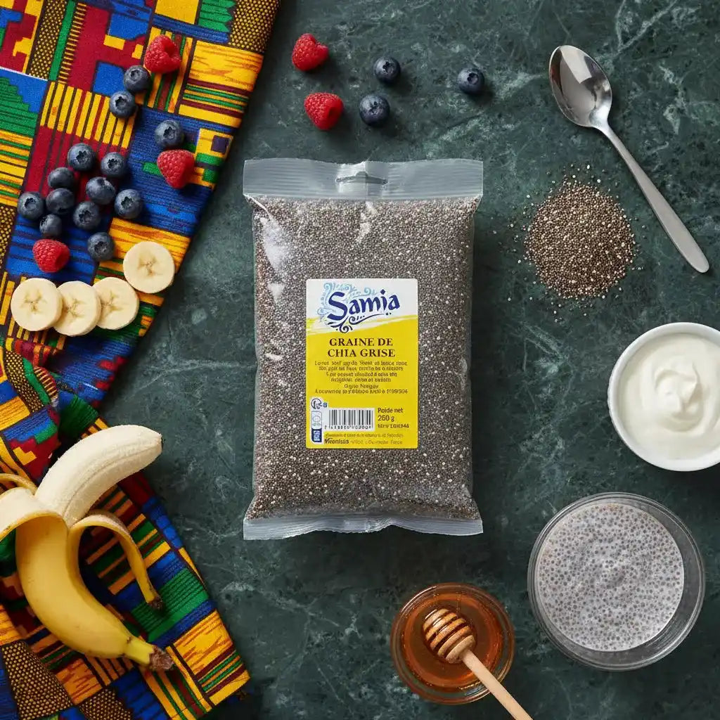 Graines de chia grises SAMIA entourées de fruits, yaourt et miel, idéales pour puddings et petit-déjeuner nutritif riche en oméga-3.