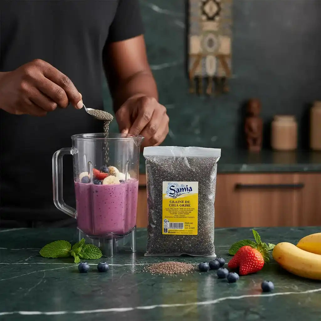 Préparation d’un smoothie avec graines de chia grises SAMIA, parfaites pour enrichir boissons et recettes santé avec fibres et protéines.