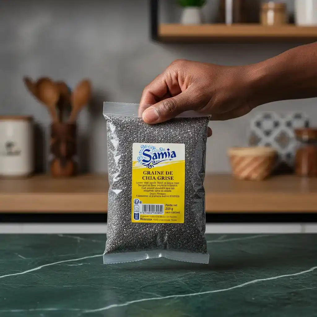 Main tenant un sachet de graines de chia grises SAMIA, produit d’épicerie salée pour une alimentation équilibrée et naturelle.