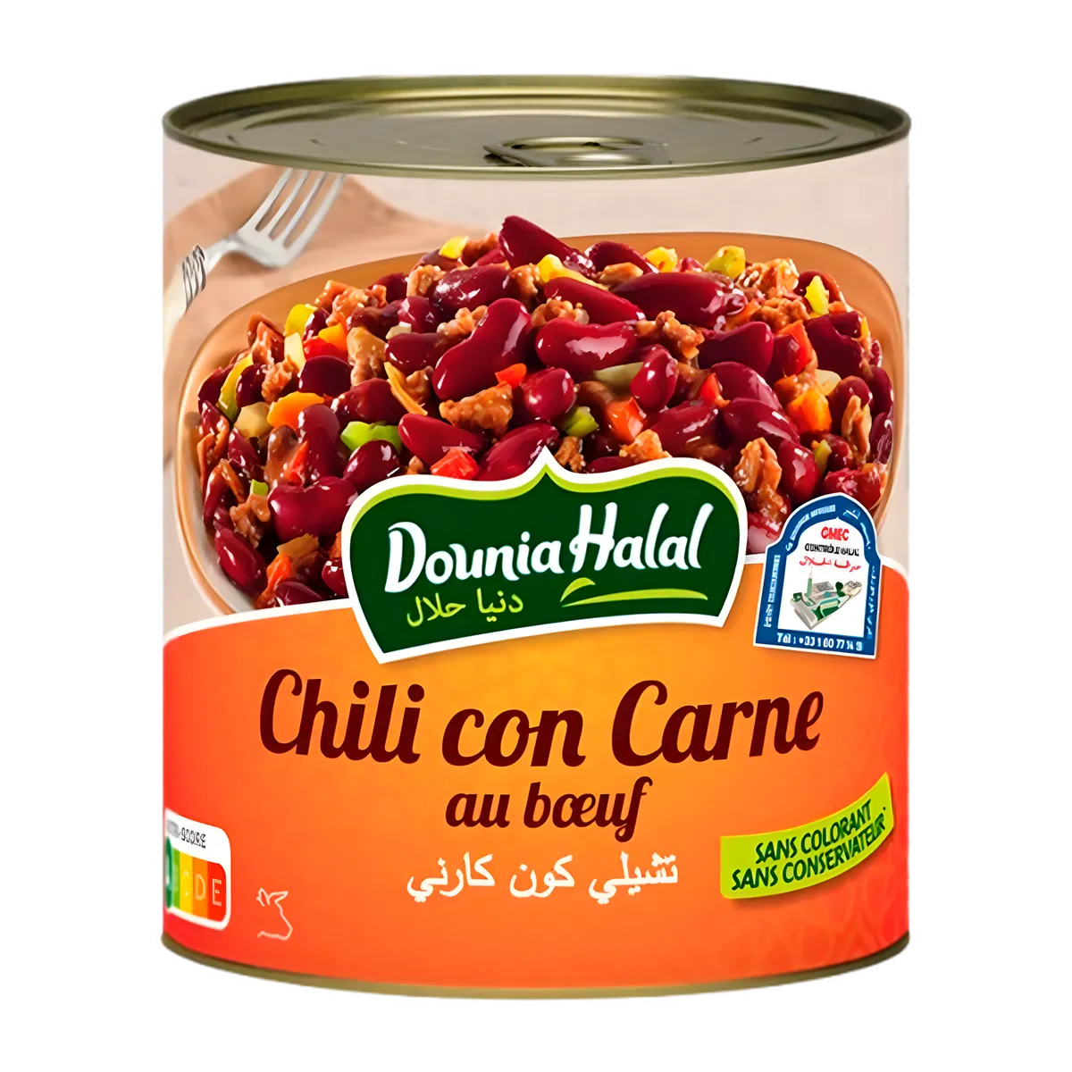 Chili con carne DOUNIA - Plat savoureux haricots, viande, épices en conserve, sans colorant ni conservateur, idéal pour repas rapide.