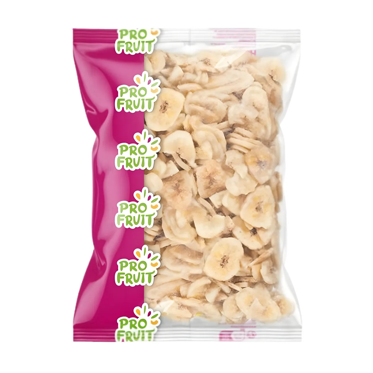 Chips de banane PROFRUIT - Croustillantes & Délicieuses en sachet transparent avec emballage rose, parfaites pour les collations fruitées.