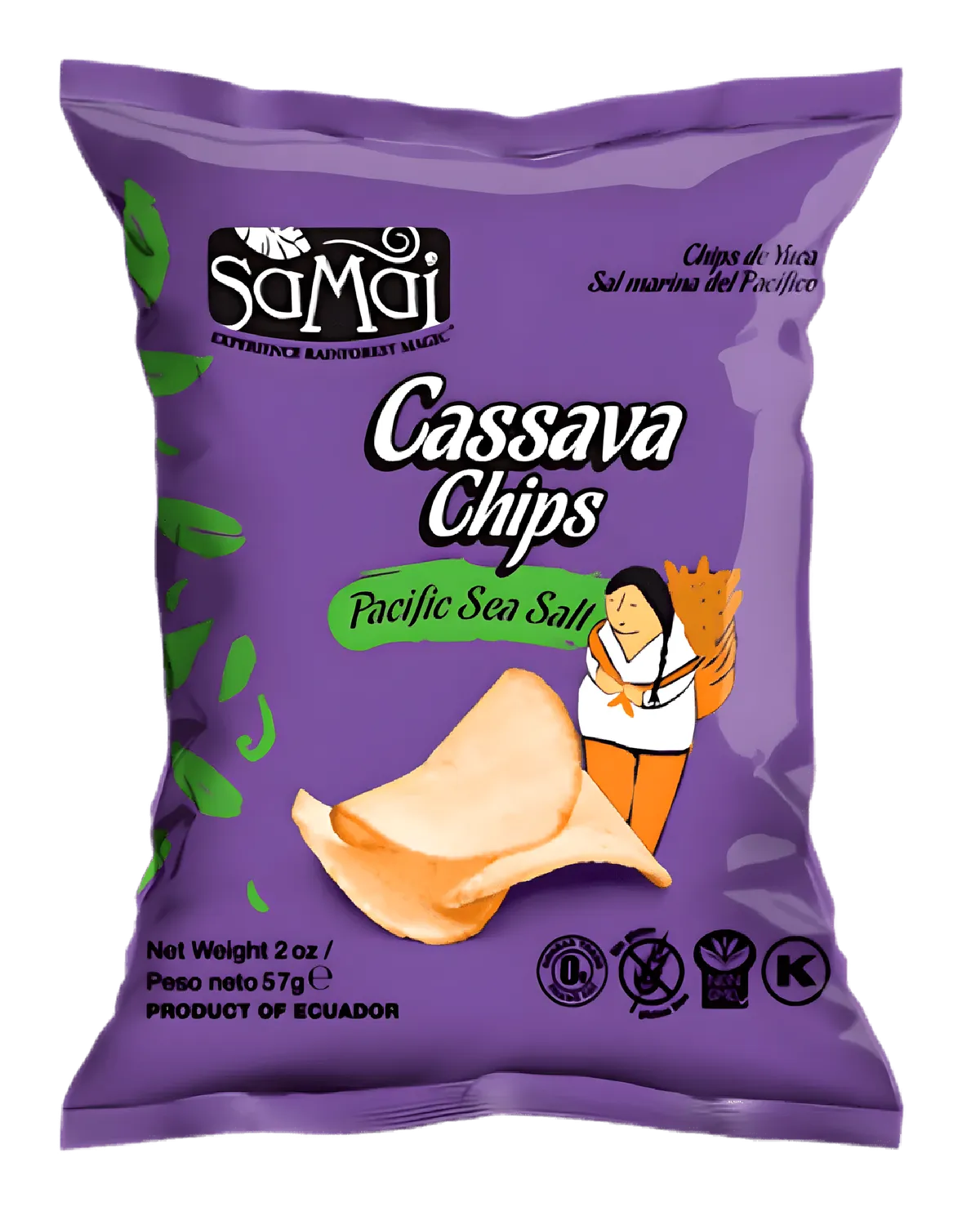 Chips de manioc SAMAI - Alternative sans gluten délicieuse en sachet violet, saveur sel marin du Pacifique, collation croustillante et saine.