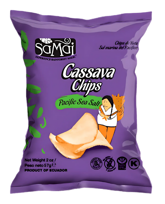 Chips de manioc SAMAI - Alternative sans gluten délicieuse en sachet violet, saveur sel marin du Pacifique, collation croustillante et saine.