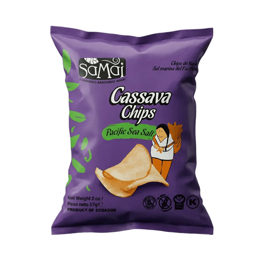Paarse zak Samai cassavechips (57g) op smaak gebracht met Pacifisch zeezout.