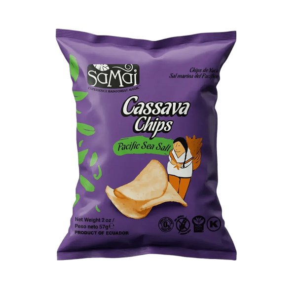 Paarse zak Samai cassavechips (57g) op smaak gebracht met Pacifisch zeezout.