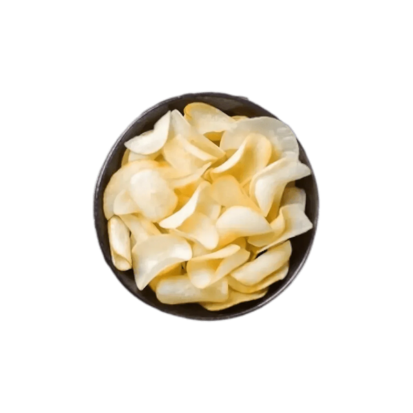 Chips de manioc SAMAI (57g) dans un bol. Vue de dessus.