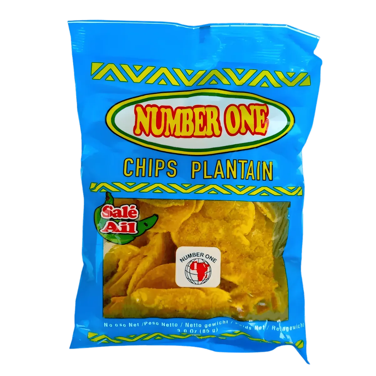 Paquet de chips de plantain à l'ail N°1, snack croustillant salé en sachet bleu, idéal pour l'épicerie salée et les amateurs de chips exotiques.