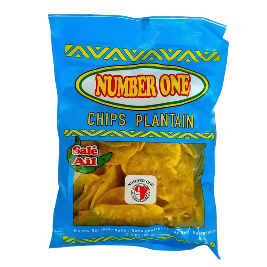 Blauw zakje knoflook plantainchips Nr. 1: gele chips, merkembleem.