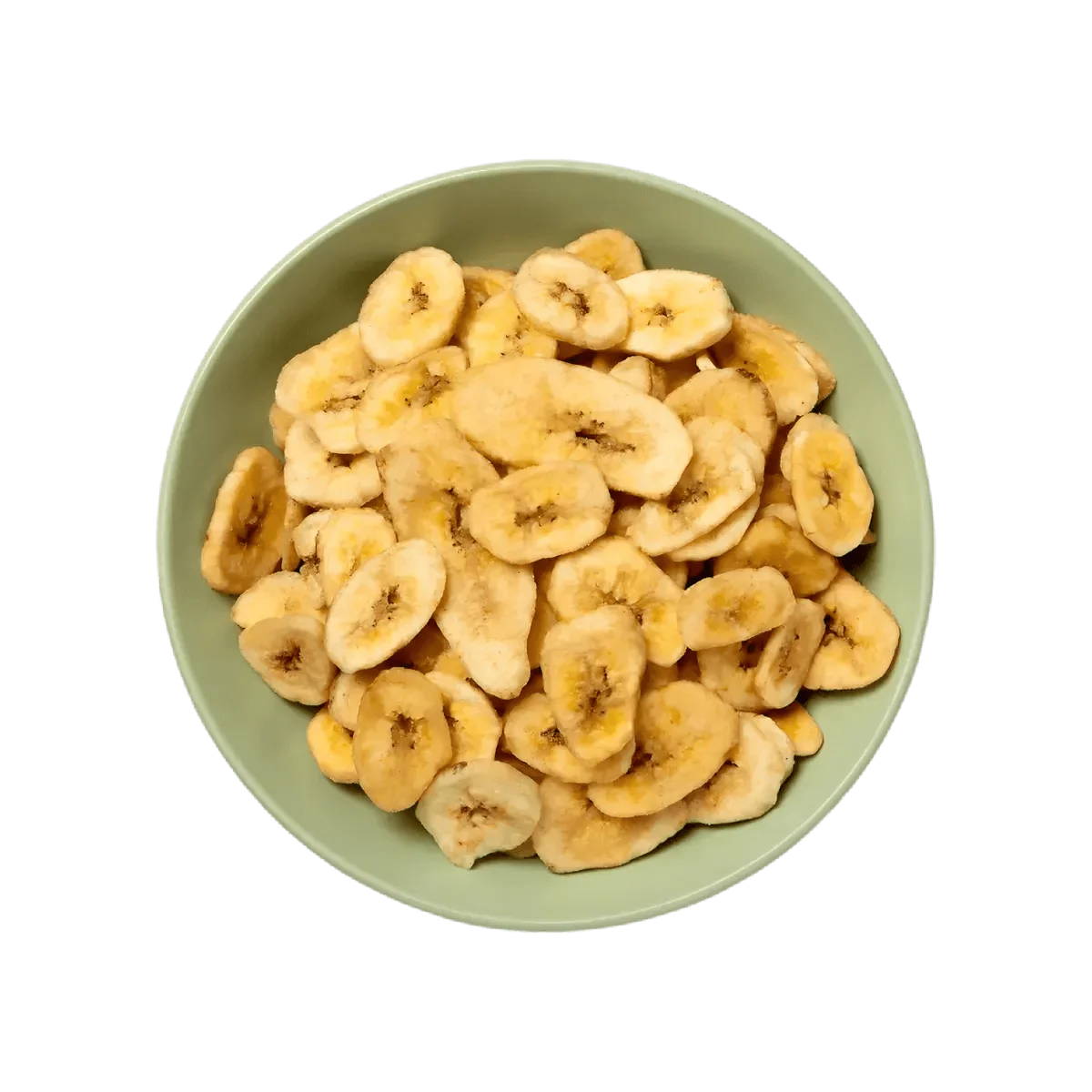 Knoflook plantainchips Nr. 1 (85g) in een groene kom. Keuken met gedroogd fruit.