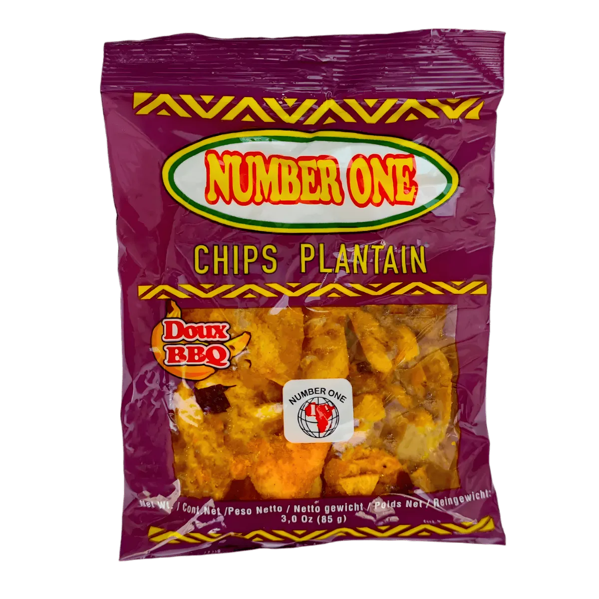 Chips de plantain au BBQ N°1 en sachet violet, saveur barbecue douce, parfaites pour une pause croustillante en épicerie salée.
