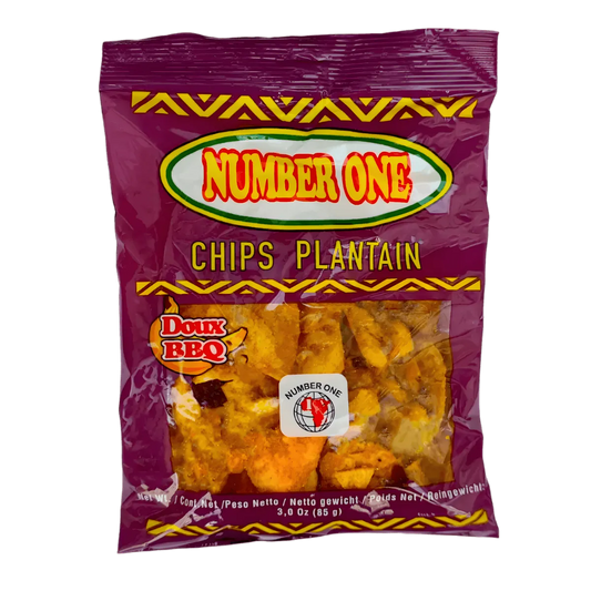 Chips de plantain au BBQ N°1 en sachet violet, saveur barbecue douce, parfaites pour une pause croustillante en épicerie salée.