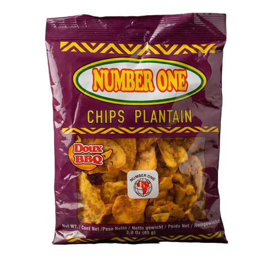 Zak BBQ plantainchips nr. 1. Close-up van de paarse verpakking.