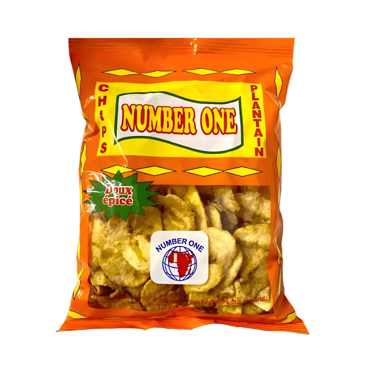 Chips Plantain Épicées N°1 en sachet orange, saveur douce et croustillante, parfaites pour l'épicerie salée et les amateurs de snacks exotiques.