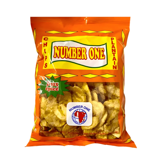 Chips Plantain Épicées N°1 en sachet orange, saveur douce et croustillante, parfaites pour l'épicerie salée et les amateurs de snacks exotiques.