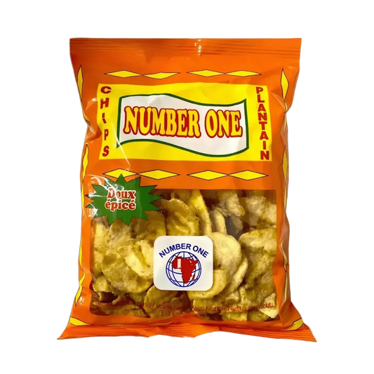 Paquet orange de chips de plantain doux N°1. Snacks exotiques.