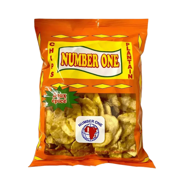 Paquet orange de chips de plantain doux N°1. Snacks exotiques.