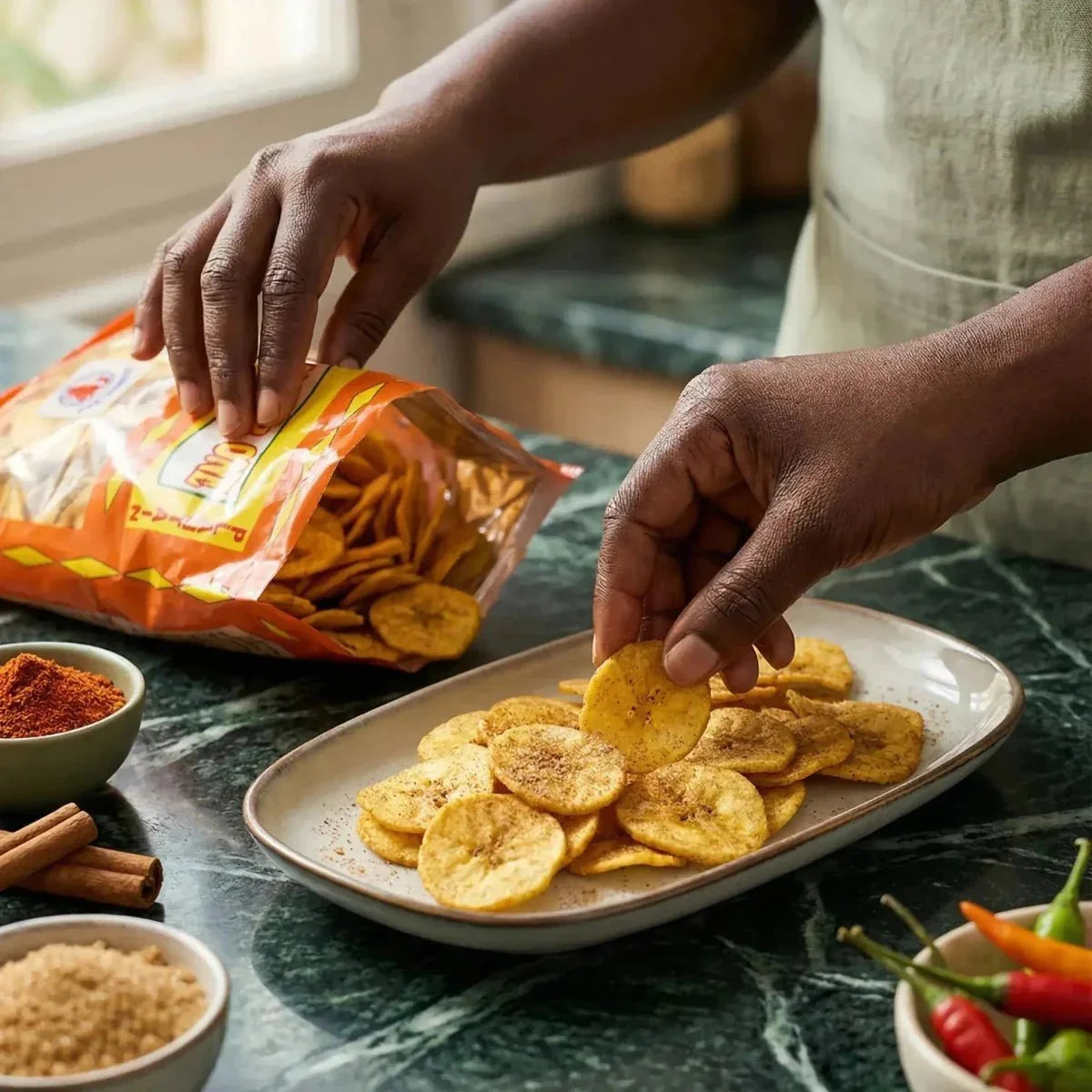 Chips di platano N°1 (85g): su un bancone, preparazione di chips di platano dolci.