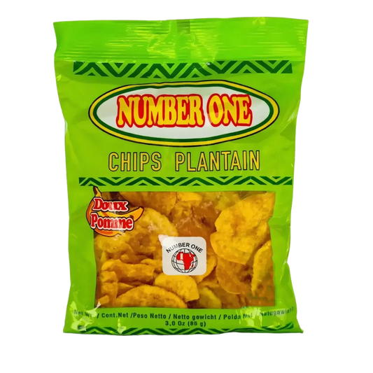 Sachet vert de chips de plantain Number One, saveur pomme.