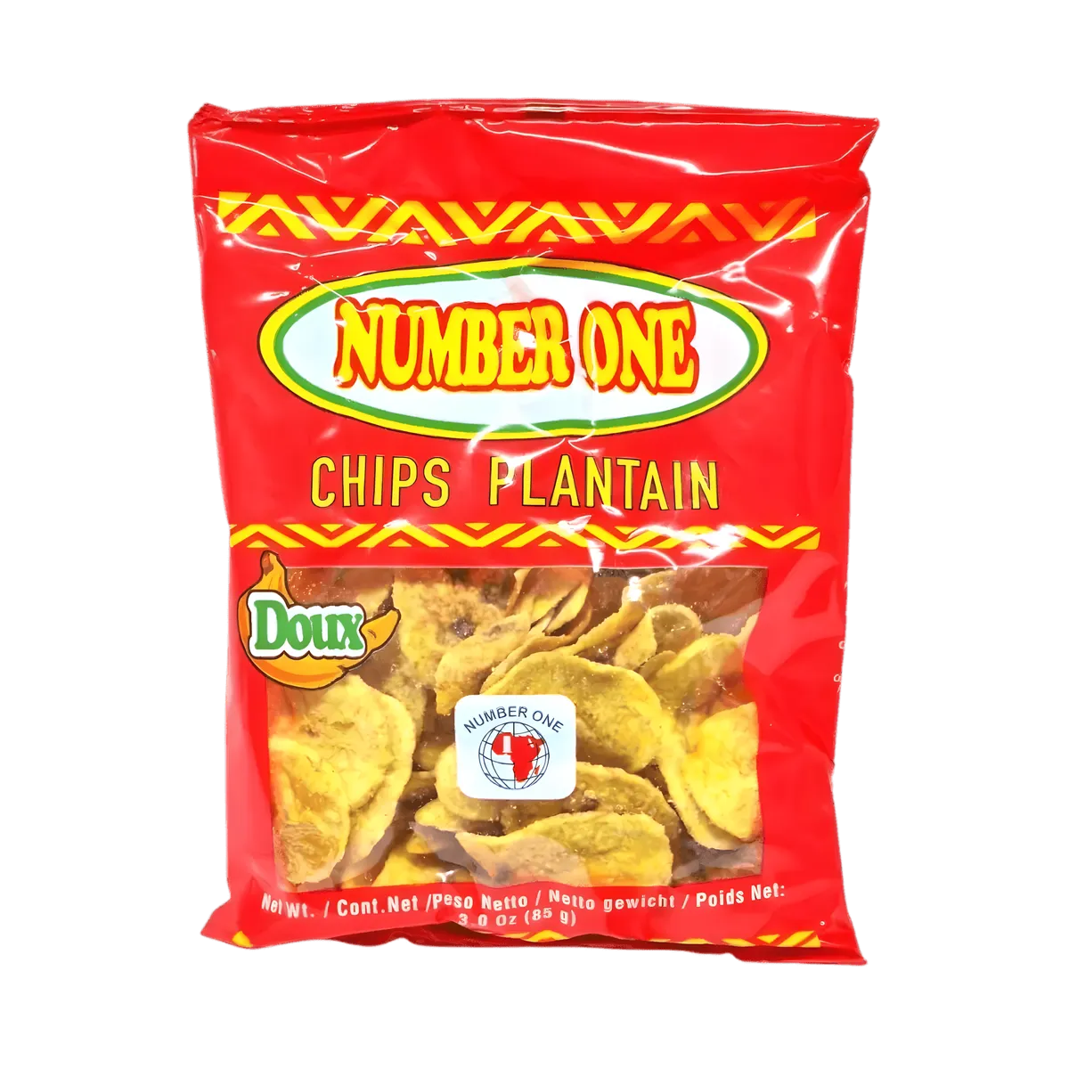 Chips de plantain sucrées N°1 en sachet rouge, collation croustillante et douce idéale pour l'épicerie salée et les amateurs de snacks exotiques.