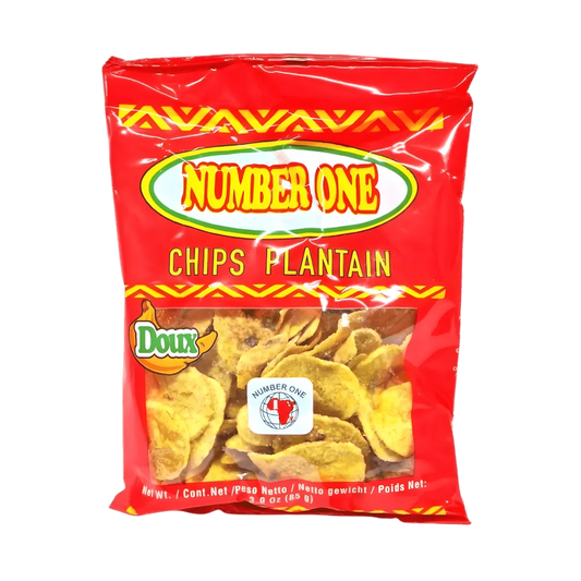 Chips de plantain sucrées N°1 en sachet rouge, collation croustillante et douce idéale pour l'épicerie salée et les amateurs de snacks exotiques.