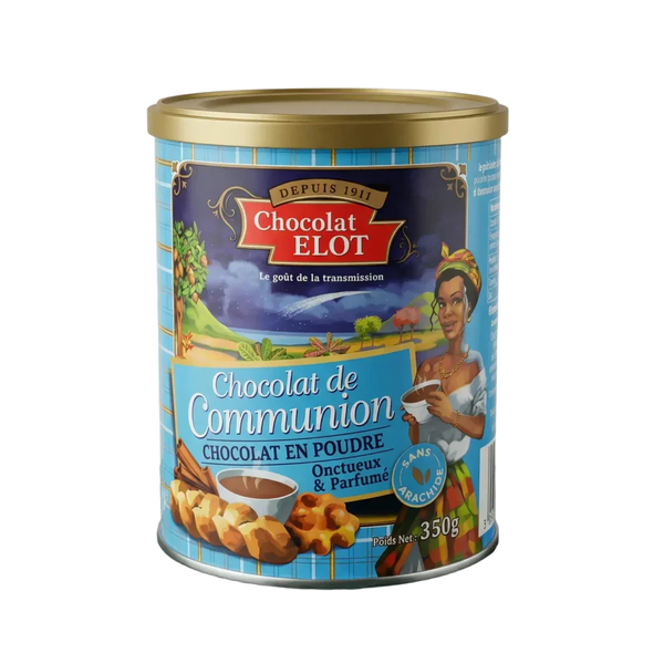 Boîte de chocolat en poudre "Chocolat Elot Communion" avec une femme tenant une tasse.