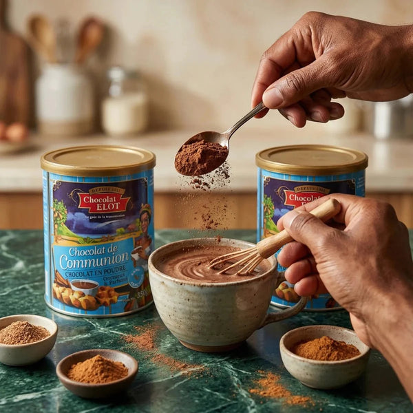 Chocolat de Communion ELOT en poudre. Préparation gourmande, avec tasse de chocolat chaud.