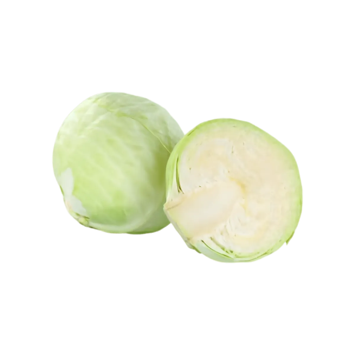 Chou blanc frais coupé en deux, montrant son cœur dense et feuilles serrées, parfait pour cuisine polyvalente.
