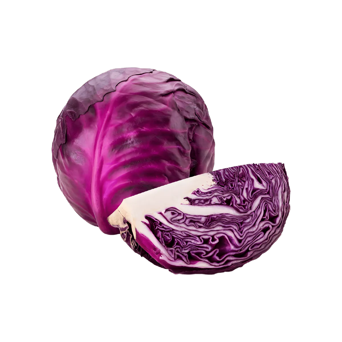 Chou rouge bio coupé, révélant sa texture croquante et ses nuances violettes, parfait pour salades et plats cuisinés.