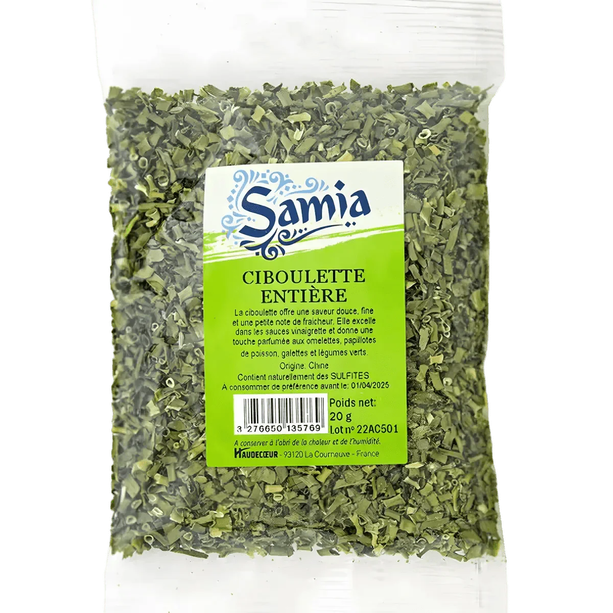 Sachet de ciboulette entière Samia (20g). Fermé, étiquette verte, fines herbes séchées visibles.