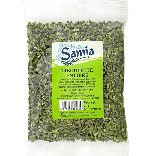 Sachet de ciboulette entière Samia (20g). Fermé, étiquette verte, fines herbes séchées visibles.