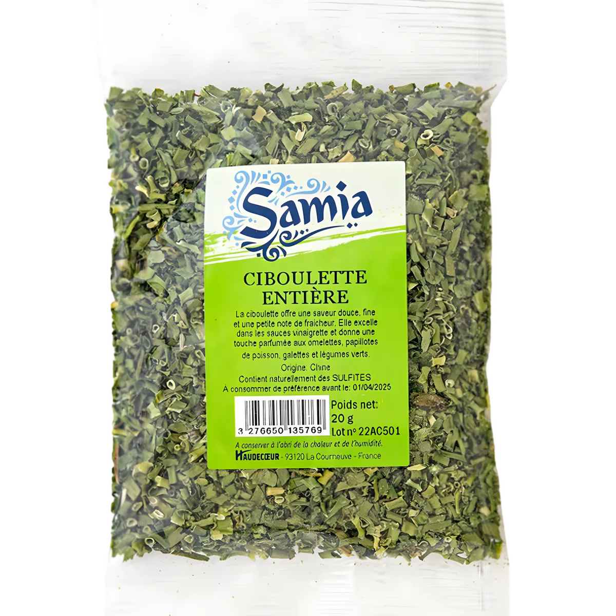 Ciboulette entière SAMIA en sachet de 20g, herbe séchée parfumée pour assaisonner plats chauds ou froids. Idéale pour une longue conservation.