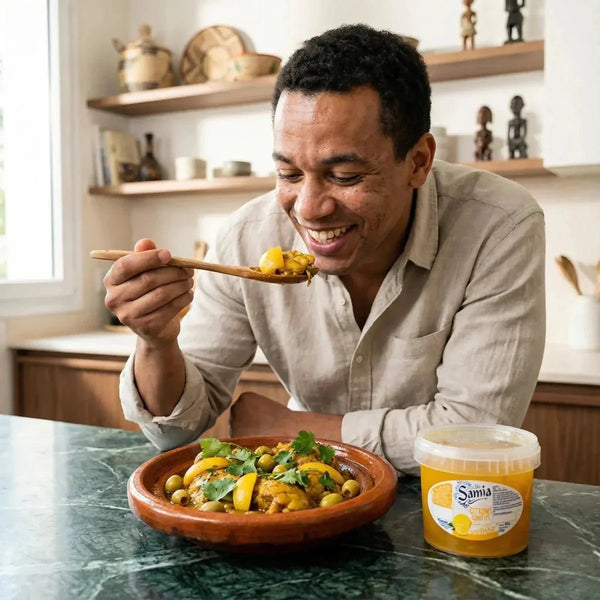 Un homme mange des citrons confits SAMIA avec un tajine. Marque visible sur le pot.
