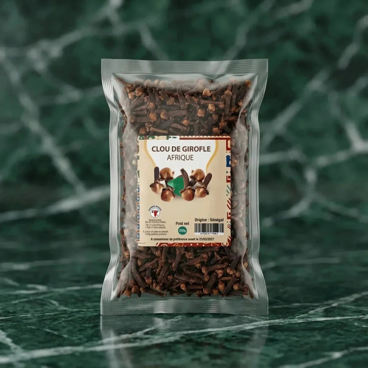 Sachet de clous de girofle Afrique, marque Savoirs d'Afrique, marbré vert : produit culinaire.