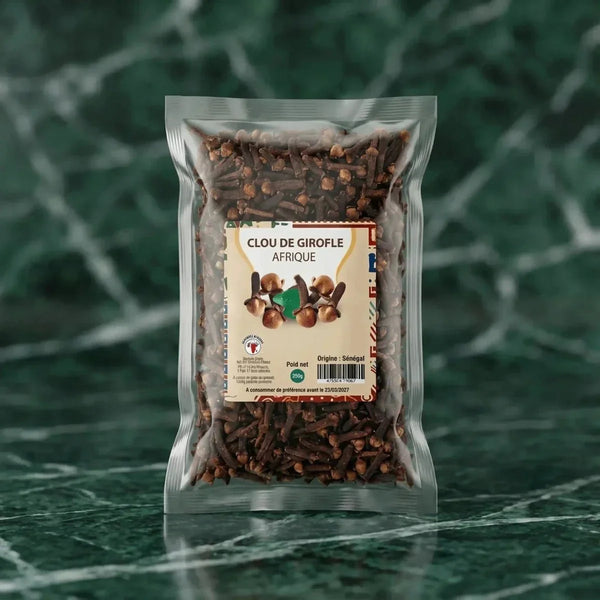 Sachet de clous de girofle Afrique, marque Savoirs d'Afrique, marbré vert : produit culinaire.