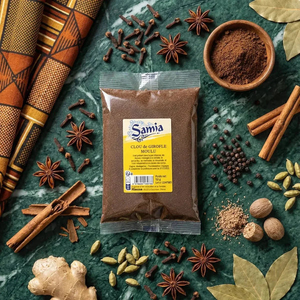 Ground SAMIA cloves 50g, presented with various spices (star anise, cinnamon).