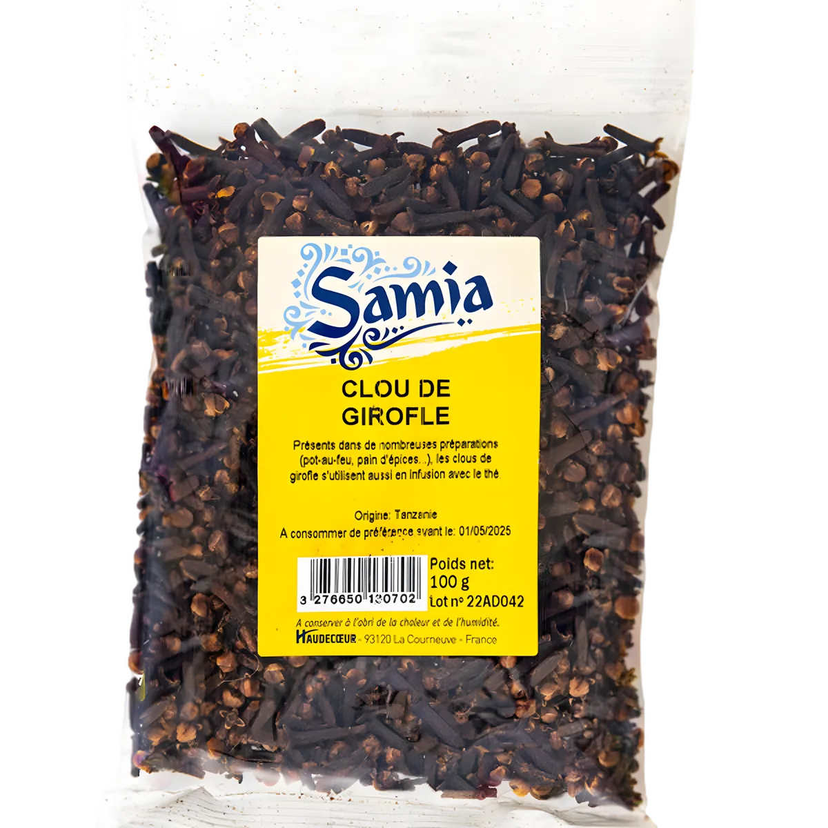 Clous de girofle SAMIA en sachet de 100g, épices aromatiques pour cuisine exotique, saveur intense et parfum chaud.