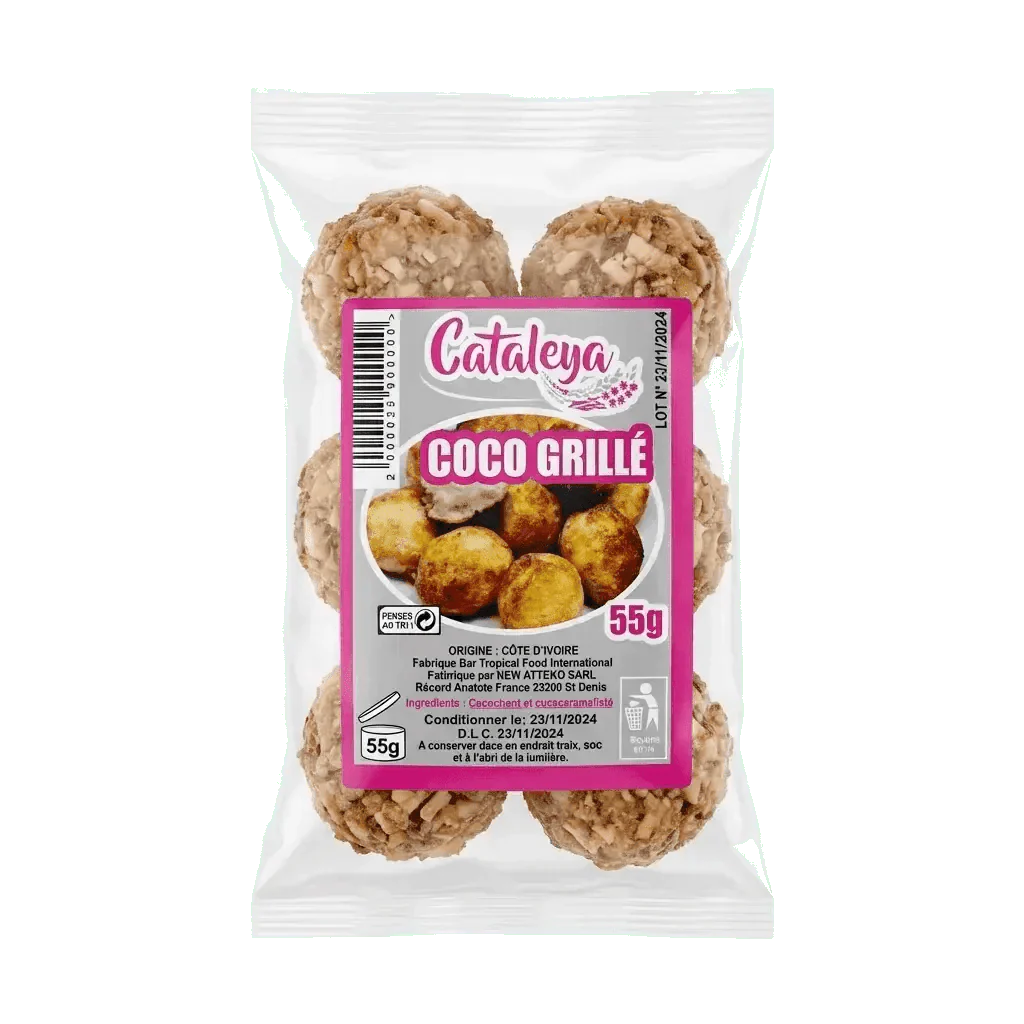 Sachet de Coco Grillé CATALEYA, 100g, avec des boules de coco grillé visibles à travers.