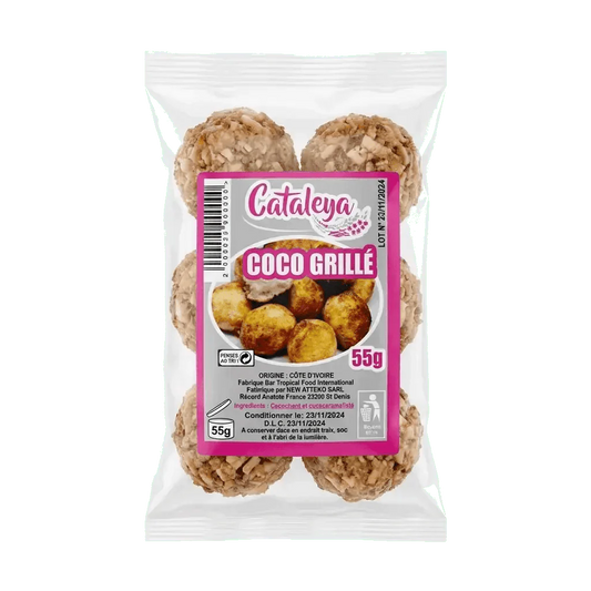 Zak geroosterde kokosnoot CATALEYA, 100g, met geroosterde kokosballetjes zichtbaar door de verpakking.