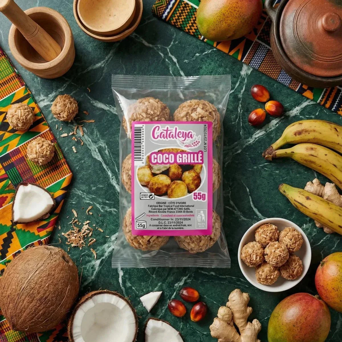 Coco Grillé Cataleya, 55g, en atmosphère gourmande : fruits exotiques, ustensiles en bois.